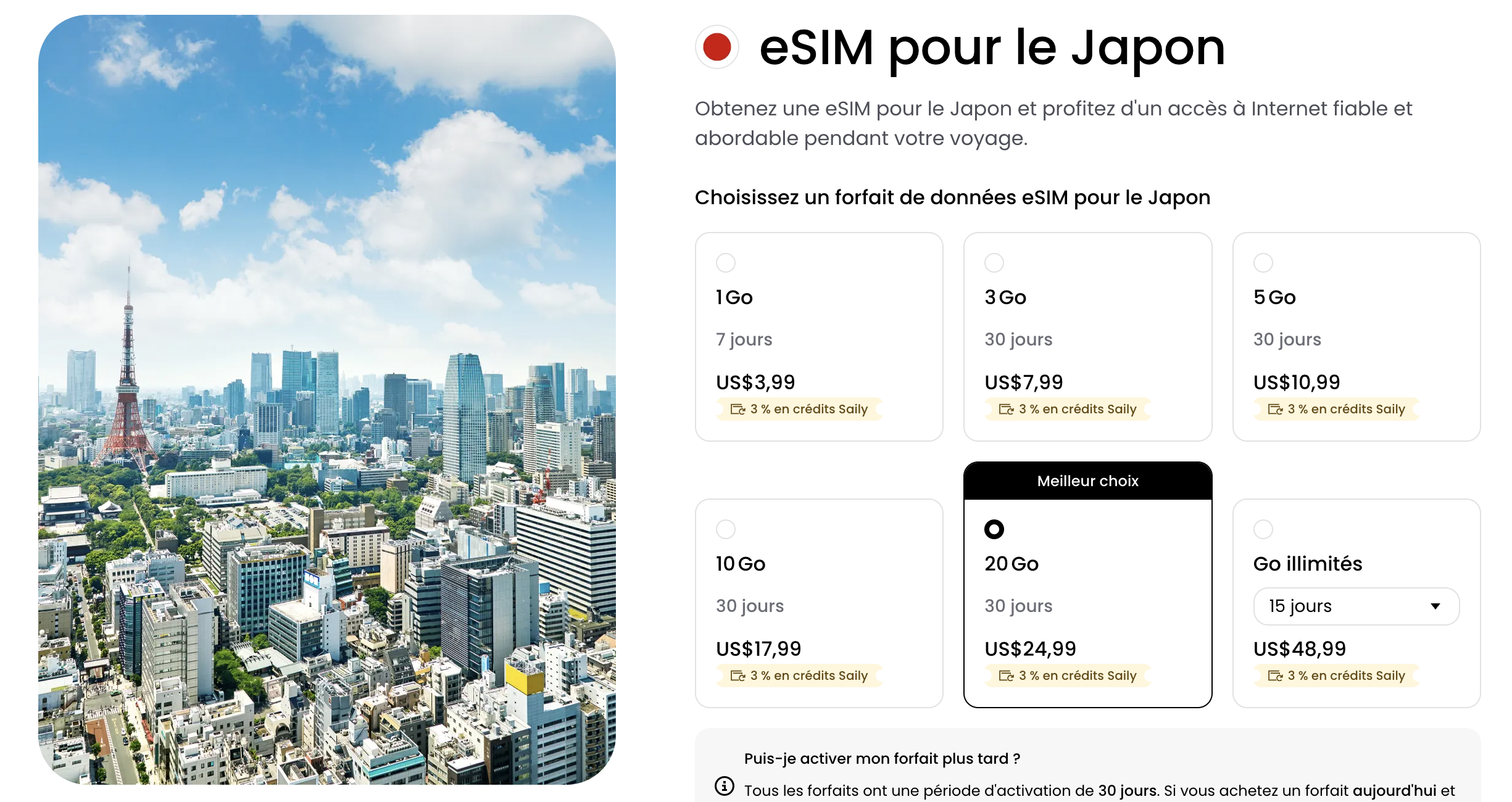 Tarifs eSIM Saily pour le Japon — forfaits et prix